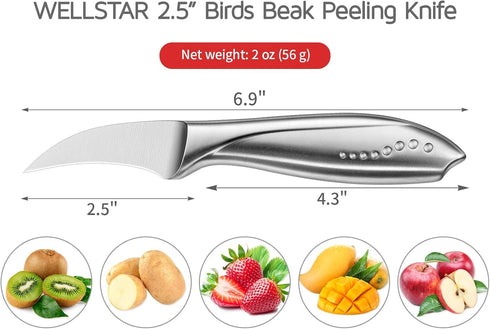 WELLSTAR 2.5 Inch Birds Beak Paring Knife, Sharp High Carbon Stainless Steel Curved Blade for Peeling