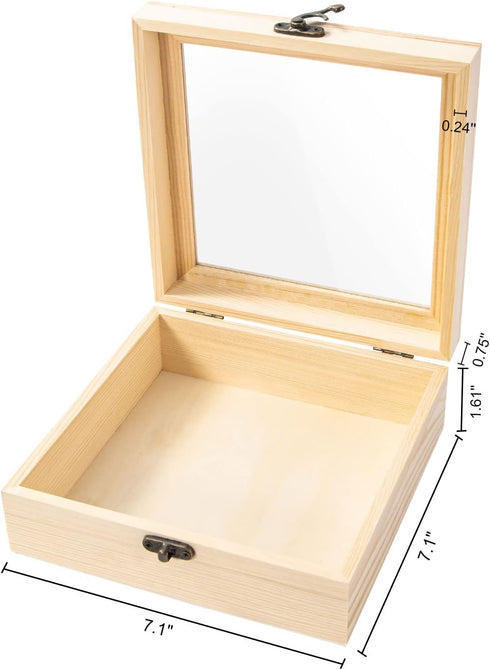 Unfinished Wooden Display Box with Glass Top Hinged Lid, Small Wood Keepsake Storage Box, DIY Craft Box for Collectibles Jewelry Gift and Home Decorations, 7.2'' x 7.2'' x 2.9'' by Useekoo