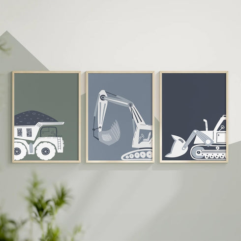Youillne Bulldozer 12x16 Inch Set 3 Construction Truck Wall Art Decor Toddler Boys Room Canvas Wall Art Tractor Vehicle