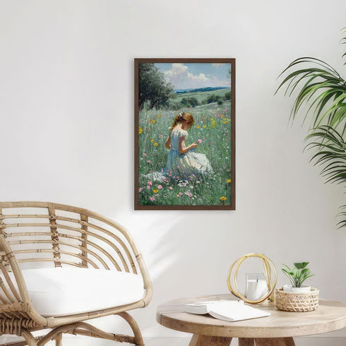 16x24 Inches Framed Girl in Wildflower Meadow Wall Art Impressionist Oil Painting Print on Canvas, Pastoral Nature