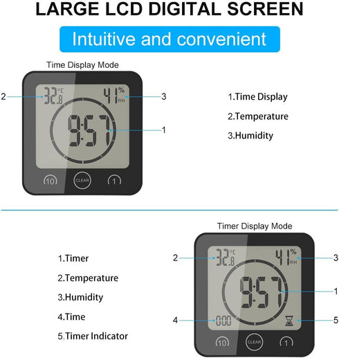 AOZBZ Digital Shower Wall Clock, Waterproof Touch Screen Timer with Alarm, Temperature Humidity Display, Suction Cup