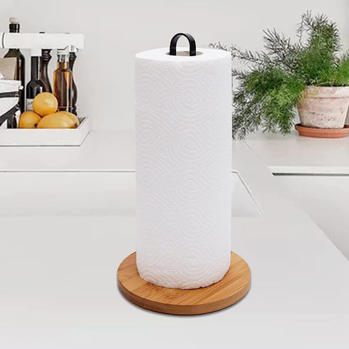 Wood Paper Towel Holder, Black Paper Towel Holder Countertop, Kitchen Towel Holder Free-Standing with Non-Slip Wooden Base