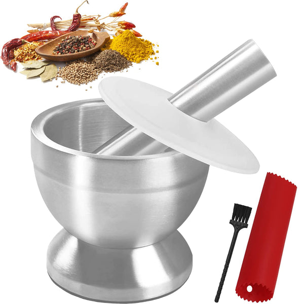 Stainless Steel Mortar and Pestle Set, Heavy Duty Spices Grinder Pill Crusher with Silicone Protective Lid for
