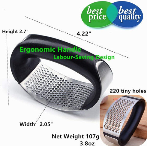 Garlic Press Rocker Stainless Steel - 3-in-1 Garlic Mincer, Peeler Silicone, Brush, Pounding Tool Mincer Masher