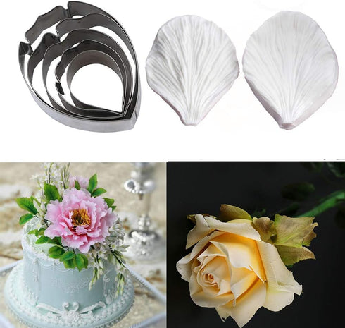 KALAIEN 5pcs Stainless Steel Peony Cutter, 2pcs Fondant Silicone Mold for Sugarcraft Flower Making