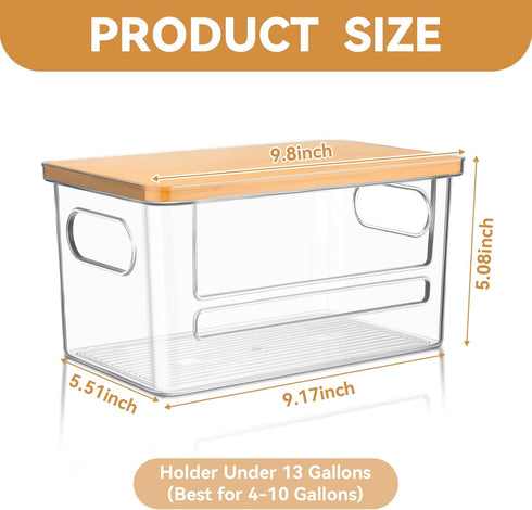 Trash Bag Holder Dispenser, Garbage Bag Dispenser with Bamboo Lid & Handles, Stackable Clear Trash Bag Organizer Under