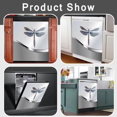 Dishwasher Magnet Cover Kitchen Decor, Silver Stainless Steel Dragonfly Pattern Vinyl Decal, 23 W x 26 H