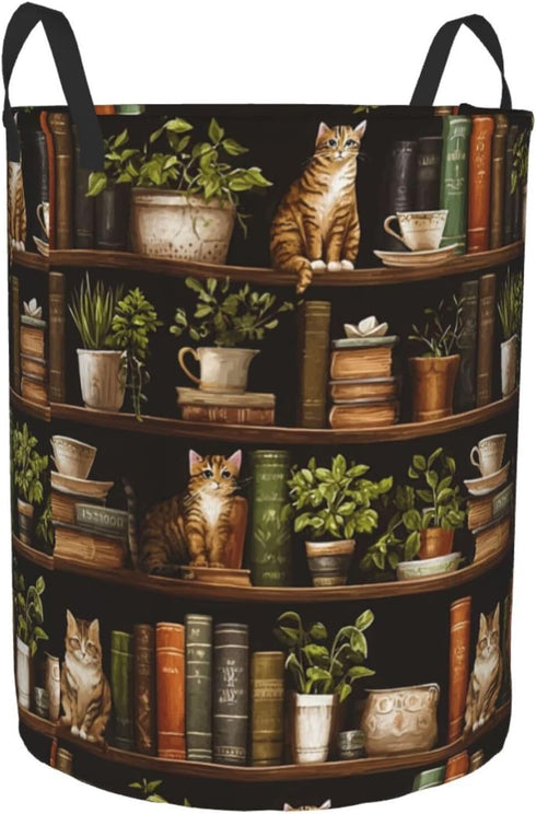19.6x15.7 Inch Wooden Bookshelf Cat Laundry Basket Storage Bin Foldable Laundry Hamper Clothes Storage Bucket Organizer
