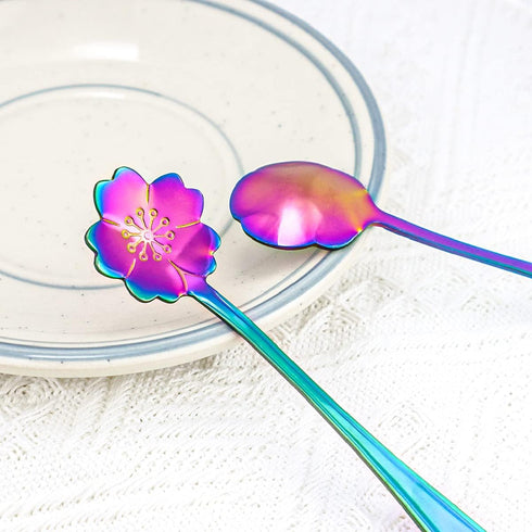 8 Pieces Rainbow Flower Spoon Set - LEEFONE Stainless Steel Reusable Tea Spoon, 8 Different Patterns