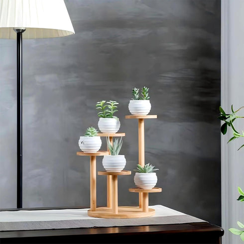 SRTFINE 5 Tiered Desk Plant Stand Round Bamboo Plant Shelf Tabletop Succulent Herb Stand Desktop Plant Stand Indoor