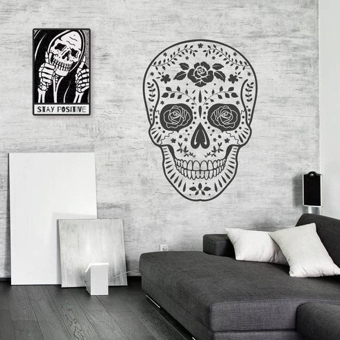 Stay Positive Skull Metal Sign Decor, 12" x 8" for Grunge, Goth, and Emo Room Styles