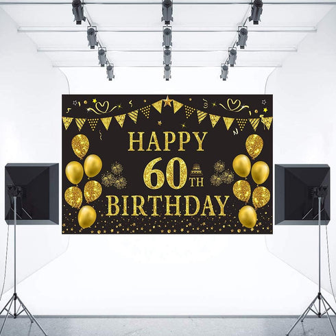 Trgowaul 60th Birthday Backdrop - Gold and Black 5.9 x 3.6 Fts Happy Birthday Party Decorations Banner