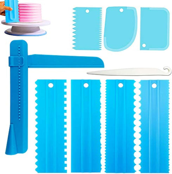 Cake Scraper Set of 9 Packs, Cake Decorating Comb Icing Smoother for Decorating Cake, Plastic Baking Tool (Blue)