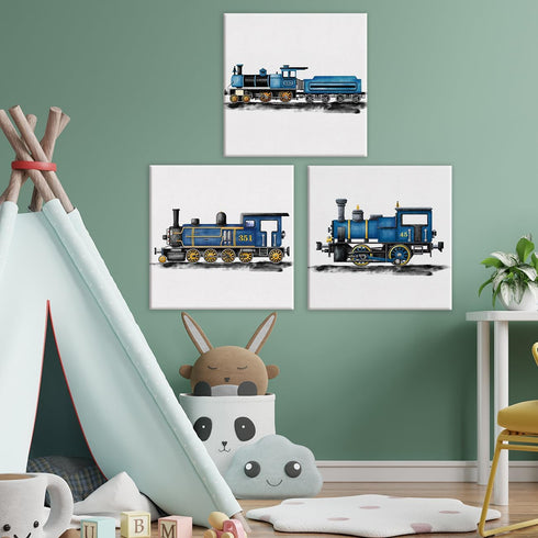 brayqu Set 3 12x12 Inch of Blue Steam Train Nursery Vehicle Art Canvas Wall Art Framed Paintings Prints Watercolor