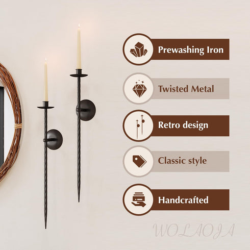 Set 2, 23.5" Candle Wall Sconce of Large Twisted Wall Mount Metal Black Candle Holder Sconces Decor for Living Room