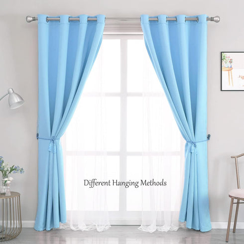84 inch 2 Light Blue Blackout Curtains Length - Double Layers Blue Romantic Curtains with Sheer Overlay, Window