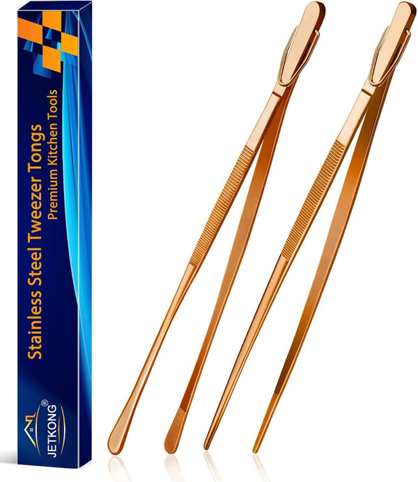 JETKONG 2 Pcs 12-Inch Kitchen Tweezers, Stainless Steel Long Food Tweezers Cooking Tongs (Rose Gold)