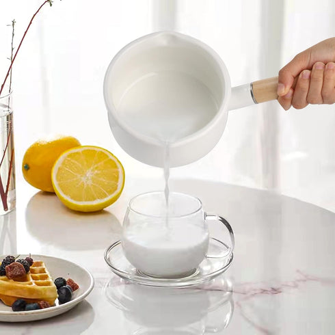 Jucoan 1 Quart Enamel Milk Pan - Small Saucepan with Dual Pour Spout and Wooden Handle for Home Cooking