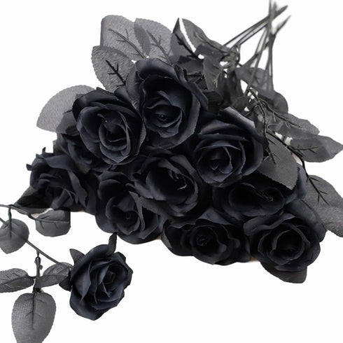 TUZAZO 10pcs Black Roses Artificial Flowers with Stems, Faux Silk Flowers for Bridal Gothic Wedding Bouquet and Home