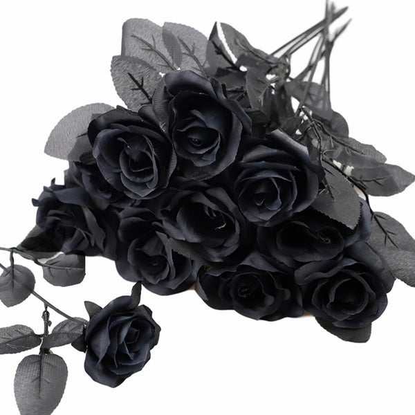 TUZAZO 10pcs Black Roses Artificial Flowers with Stems, Faux Silk Flowers for Bridal Gothic Wedding Bouquet and Home