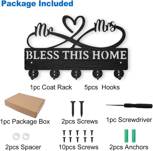 Mr Mrs Coat Rack Wall Mount, 11.8×7.3inch Wood Family Key Holder with 5 Alloy Hooks for Home Decor
