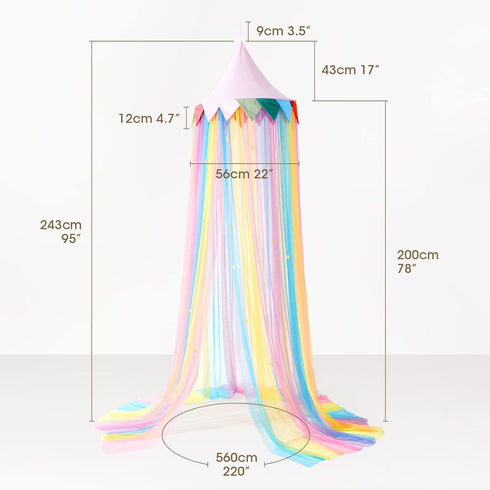 LOAOL Bed Canopy for Kids - Fairy Dream Canopy Bed Curtains with Rainbow Color Hanging Net, Pink Round Dome