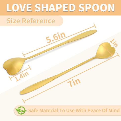 16 Pieces Heart Shaped Spoon Coffee Teaspoon 7 Inch Set Stainless Steel Long Handle Spoon Stir Bar Spoon Stirring Spoon Ice Cream Spoon Gold