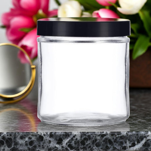 16 oz Large Clear Thick Glass Jar with Black Foam Lined Lid, 4 Pack