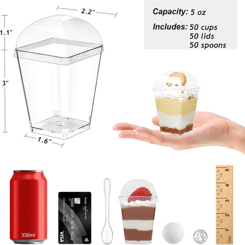 50 Pack 5 oz Zezzxu Dessert Cups with Dome Lids and Spoons, Plastic Pudding Cups with Lids Mini Parfait Shooter Cups