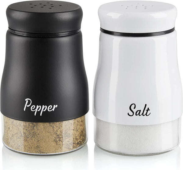Bivvclaz Salt and Pepper Shakers Set, 5 Ounce Stainless Steel Dispenser with Glass Bottom for Modern Kitchen Decor