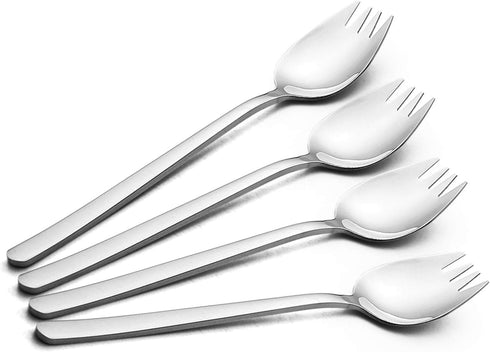 YFWOOD Sporks, 4-pack 18/10 Stainless Steel Dessert Spoons, 7.4 Inches Long Handle Flatware Set