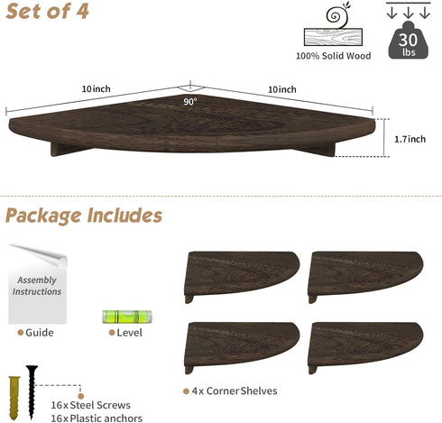Set 4, Forbena Floating Corner Shelves for Wall of Small Corner Bookshelf for Bedroom Books, Round Wooden Corner Shelf