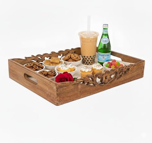 Mela Artisans Orchid Design Wooden Decorative Tray with Handles | 16x12x2.5 Mango