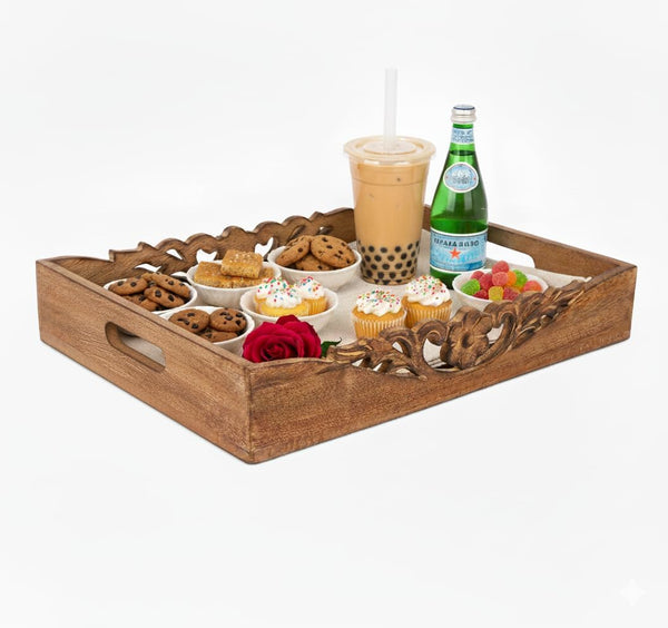 Mela Artisans Orchid Design Wooden Decorative Tray with Handles | 16x12x2.5 Mango