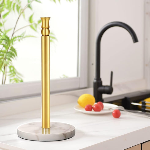 Paper Towel Holder Stand with Heavy Marble Base, One-Handed Ripping Countertop Holder, NOT Tip Over - Gold