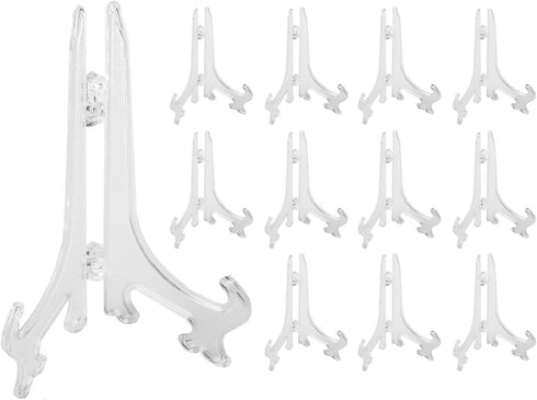 Super Z Outlet 12 Pack Clear Plastic Easel Stands, 5 Inch Display Stand for Photos, Place Cards, Collectibles