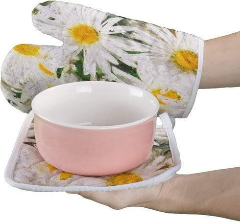 Set of Oven Mitt and Pot Holder, Spring Daisy Flower Kitchen Mittens, Heat Resistant Non-Slip Surface for Cooking