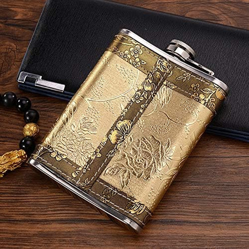 Golden Pattern 8 Oz Gift, 100% Stainless Steel Flask (304/18-8 SS), Bonus 2 Shot Glass + 1 Funnel + 1 Giftbox
