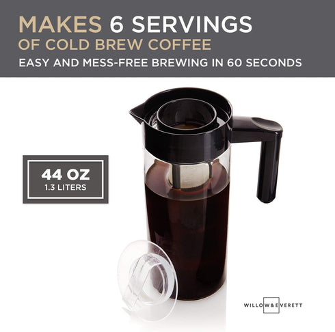 Willow & Everett Cold Brew Coffee Maker, Glass Pitcher with Stainless Steel Spout and Removable Filter