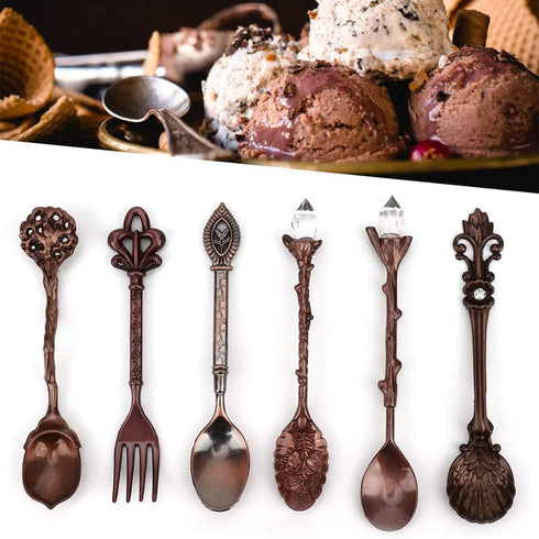 Fdit 6Pcs Vintage Carved Coffee Spoon Set, Retro Zinc Alloy Dessert Cutlery for Kitchen (Red Bronze)