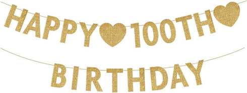 Gold Happy 100th Birthday Banner, Glitter Decorations for 100 Years Old Woman or Man Party Supplies