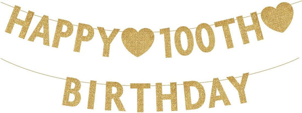 Gold Happy 100th Birthday Banner, Glitter Decorations for 100 Years Old Woman or Man Party Supplies