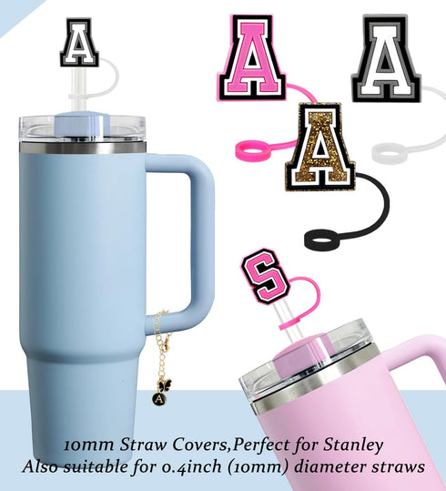 (3 +3) Nuozme Straw Cover Compatible with Stanley Tumbler Cup, 3PCS Letter Straw Caps with Initial Butterfly Charms