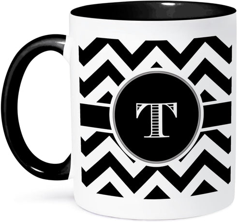 3dRose Black and White Chevron Monogram Initial T, Two Tone Black Mug, 11oz