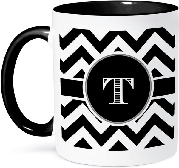 3dRose Black and White Chevron Monogram Initial T, Two Tone Black Mug, 11oz