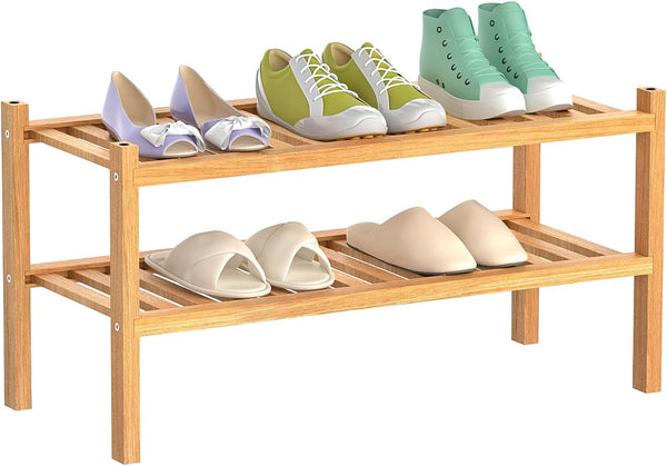 H&D home interchanges Bamboo Shoe Rack 2-Tier Organizer-Stackable Storage Shelf with Multi-Function Combinations-Free Standing Shoe
