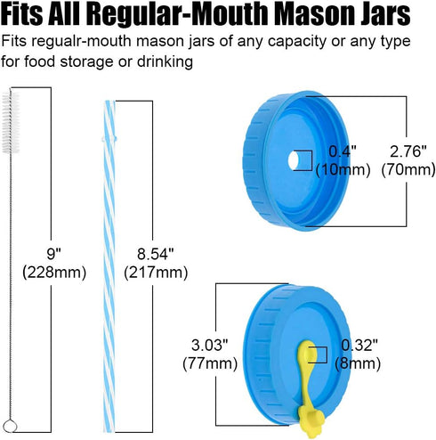 Regular Mouth Mason Jar Lids with Straw Hole, Stoppers, Silicone Rings, Cleaning Brush, 26 Pack