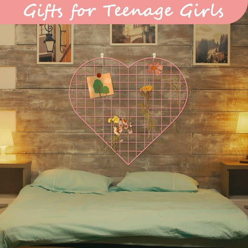 Grid Photo Wall Panels, 22.4"x20.4" Heart Shape Iron Rack Art Wire Board, DIY Photo Frame for Home and Office, Pink