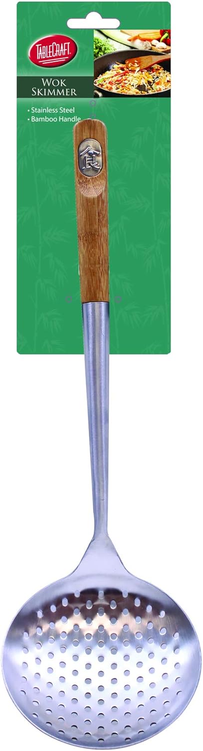 Tablecraft Wok Skimmer, 15" with Bamboo Handle, Brown