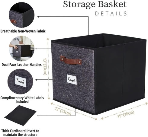 DECOMOMO Storage Baskets 13x15x13 - Storage Cube Bins with Label Holders for Organizing Shelves, 4pcs, Black Pattern